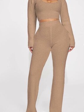 Fashion Nova High-Waist Wide Leg Knit Pants - Tan